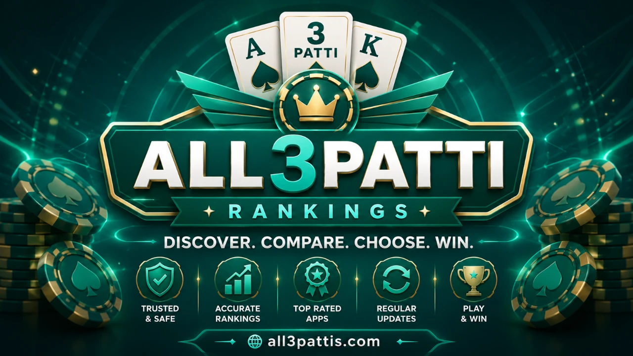 All3Pattis neon rank banner showcasing Teen Patti podium tiles, teal download pulses, and gold rank chips on a dark arena background